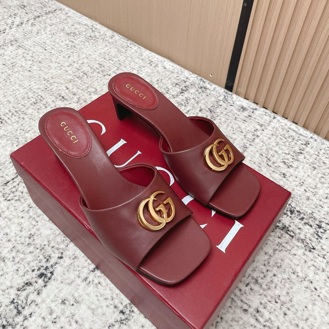 GUCCI 26S GG LOGO HIGH-HEEL MULES IN DARK RED CALFSKIN