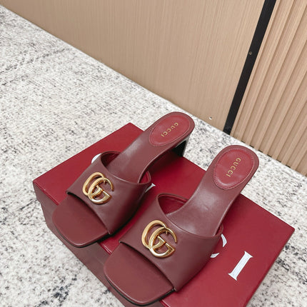 GUCCI 26S GG LOGO HIGH-HEEL MULES IN DARK RED CALFSKIN