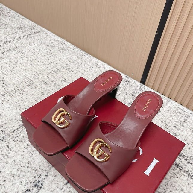 GUCCI 26S GG LOGO HIGH-HEEL MULES IN DARK RED CALFSKIN