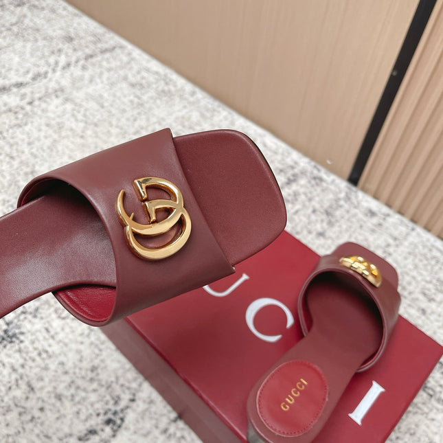 GUCCI 26S GG LOGO HIGH-HEEL MULES IN DARK RED CALFSKIN