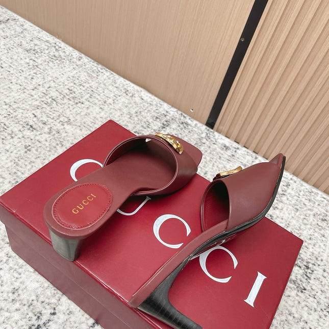GUCCI 26S GG LOGO HIGH-HEEL MULES IN DARK RED CALFSKIN