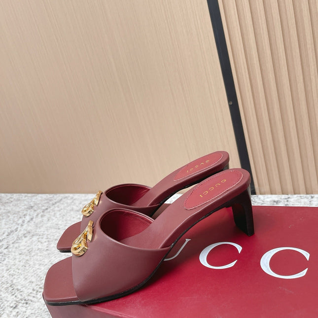 GUCCI 26S GG LOGO HIGH-HEEL MULES IN DARK RED CALFSKIN