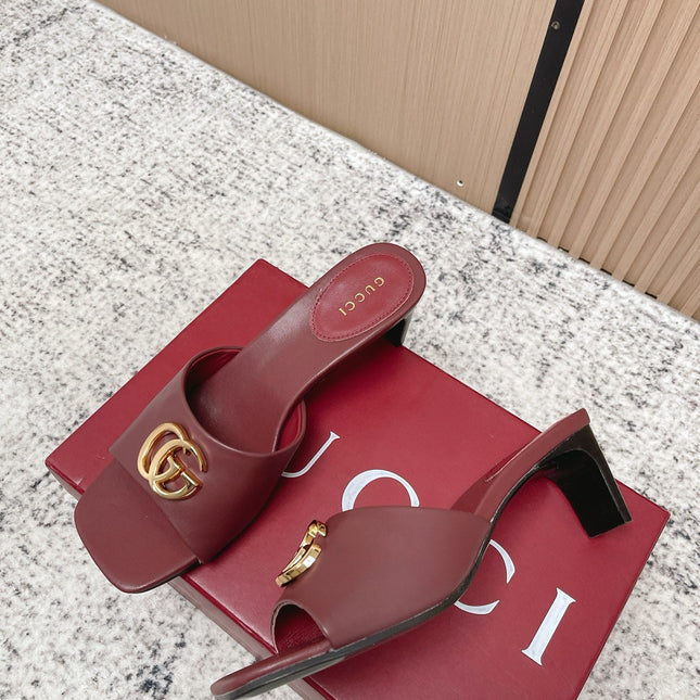 GUCCI 26S GG LOGO HIGH-HEEL MULES IN DARK RED CALFSKIN