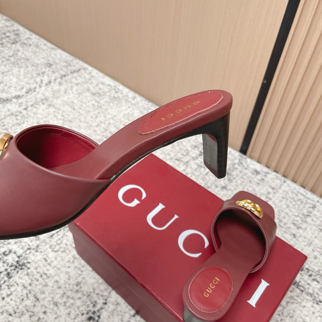 GUCCI 26S GG LOGO HIGH-HEEL MULES IN DARK RED CALFSKIN