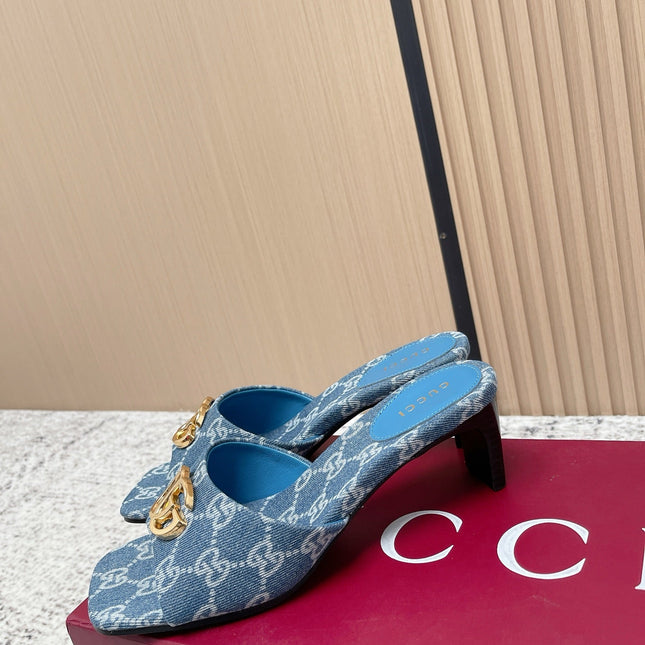 GUCCI 26S HIGH HEELS IN BLUE DENIM WITH GOLD HARDWARE