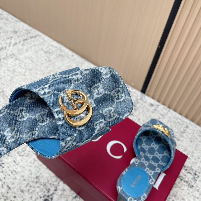GUCCI 26S HIGH HEELS IN BLUE DENIM WITH GOLD HARDWARE