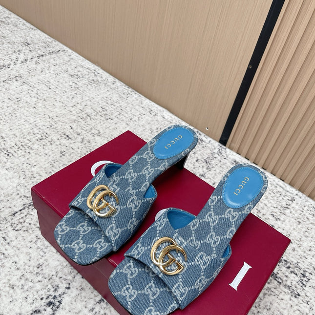 GUCCI 26S HIGH HEELS IN BLUE DENIM WITH GOLD HARDWARE