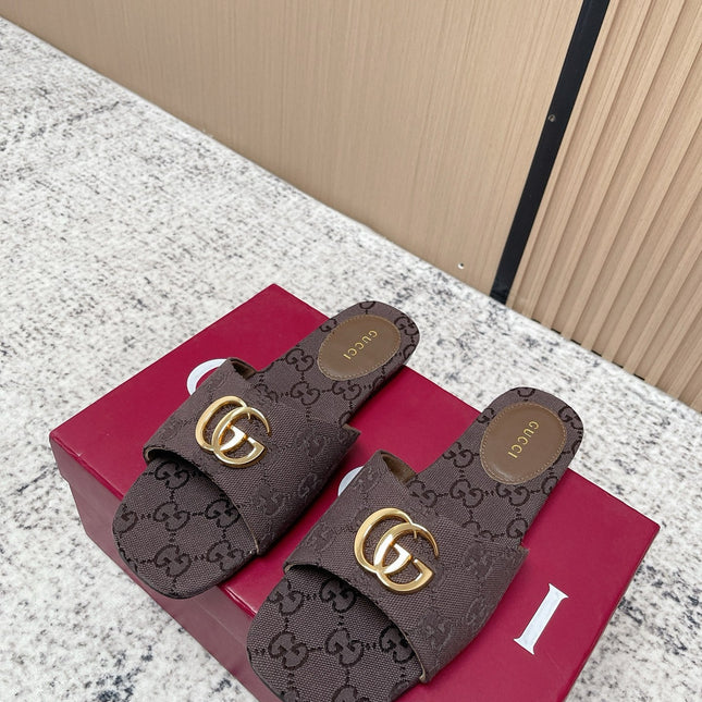 GUCCI 26S SLIDE SANDAL IN DARK BROWN CANVAS