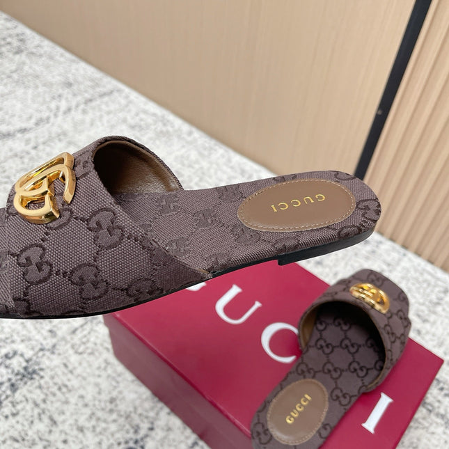 GUCCI 26S SLIDE SANDAL IN DARK BROWN CANVAS