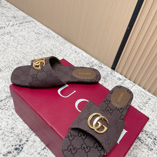 GUCCI 26S SLIDE SANDAL IN DARK BROWN CANVAS