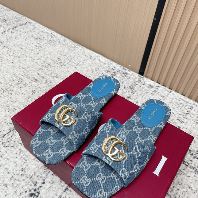 GUCCI 26S SLIDE SANDAL IN BLUE DENIM