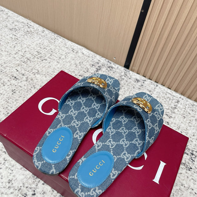 GUCCI 26S SLIDE SANDAL IN BLUE DENIM