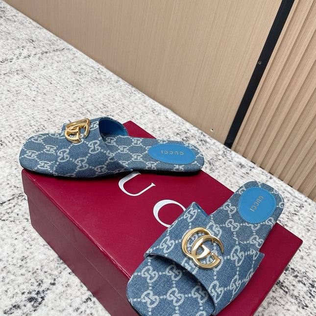 GUCCI 26S SLIDE SANDAL IN BLUE DENIM