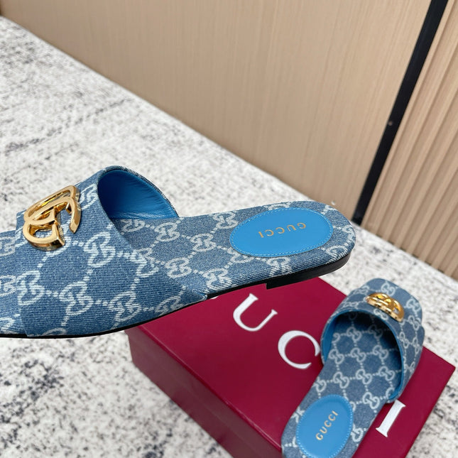 GUCCI 26S SLIDE SANDAL IN BLUE DENIM