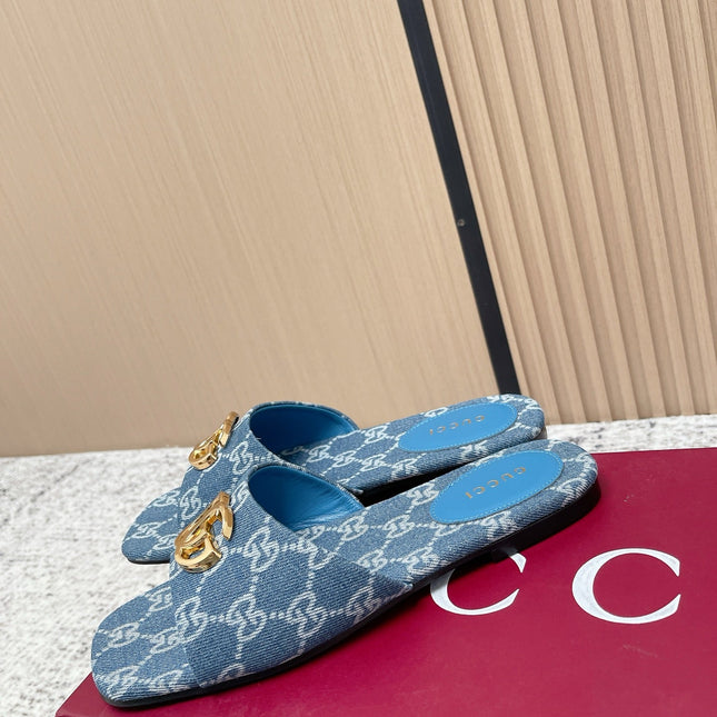 GUCCI 26S SLIDE SANDAL IN BLUE DENIM