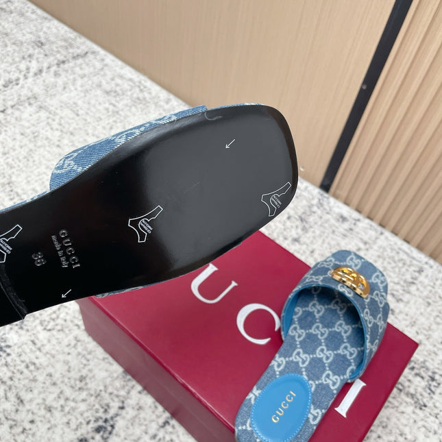 GUCCI 26S SLIDE SANDAL IN BLUE DENIM