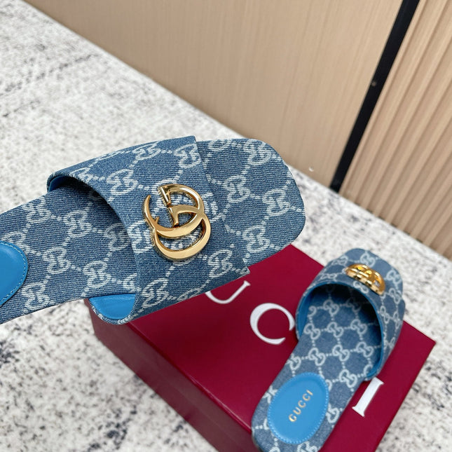 GUCCI 26S SLIDE SANDAL IN BLUE DENIM