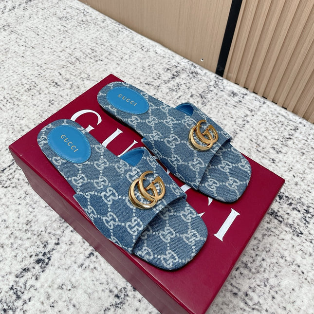GUCCI 26S SLIDE SANDAL IN BLUE DENIM