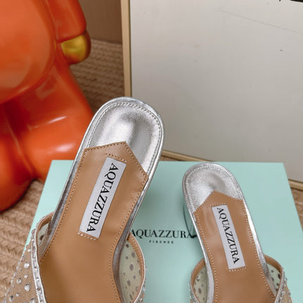 AQUAZZURA 26S LOVER HEELED MULES IN SILVER LAMBSKIN AND MESH