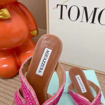 AQUAZZURA 26S STARFISH THONG HEELS IN PINK AND BROWN LAMBSKIN