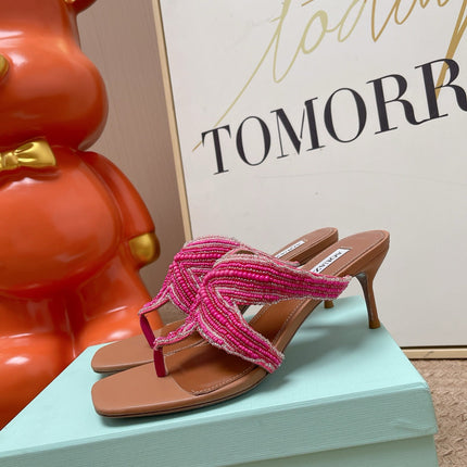 AQUAZZURA 26S STARFISH THONG HEELS IN PINK AND BROWN LAMBSKIN