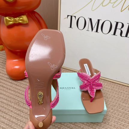 AQUAZZURA 26S STARFISH THONG HEELS IN PINK AND BROWN LAMBSKIN