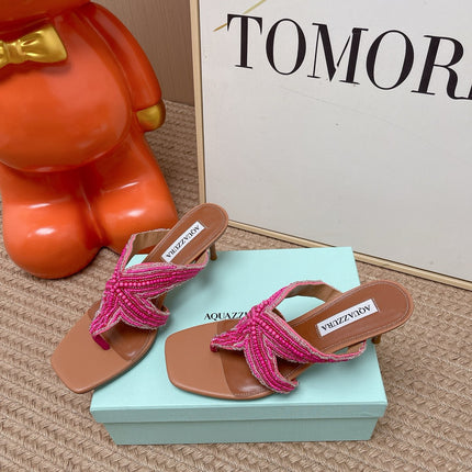 AQUAZZURA 26S STARFISH THONG HEELS IN PINK AND BROWN LAMBSKIN