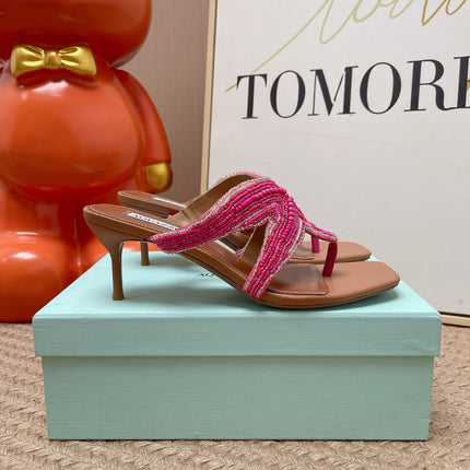 AQUAZZURA 26S STARFISH THONG HEELS IN PINK AND BROWN LAMBSKIN