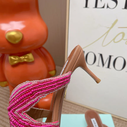 AQUAZZURA 26S STARFISH THONG HEELS IN PINK AND BROWN LAMBSKIN