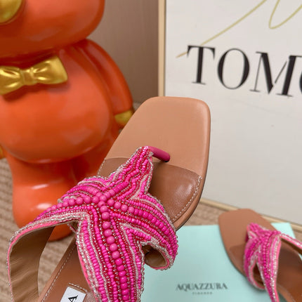 AQUAZZURA 26S STARFISH THONG HEELS IN PINK AND BROWN LAMBSKIN