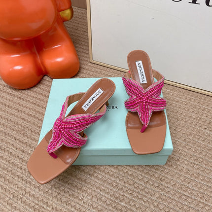 AQUAZZURA 26S STARFISH THONG HEELS IN PINK AND BROWN LAMBSKIN