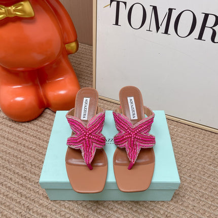 AQUAZZURA 26S STARFISH THONG HEELS IN PINK AND BROWN LAMBSKIN