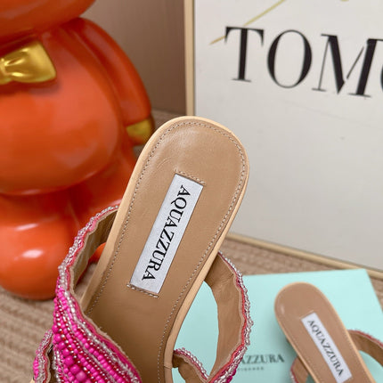 AQUAZZURA 26S STARFISH THONG HEELS IN PINK AND BEIGE LAMBSKIN
