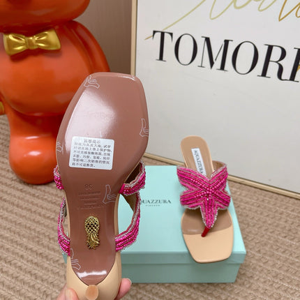 AQUAZZURA 26S STARFISH THONG HEELS IN PINK AND BEIGE LAMBSKIN