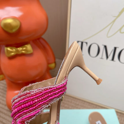 AQUAZZURA 26S STARFISH THONG HEELS IN PINK AND BEIGE LAMBSKIN