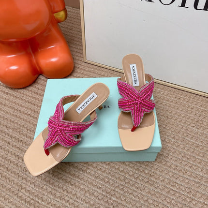 AQUAZZURA 26S STARFISH THONG HEELS IN PINK AND BEIGE LAMBSKIN