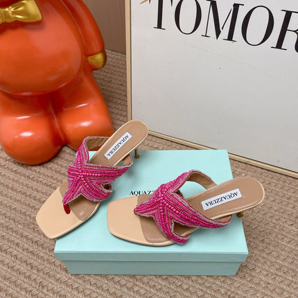 AQUAZZURA 26S STARFISH THONG HEELS IN PINK AND BEIGE LAMBSKIN