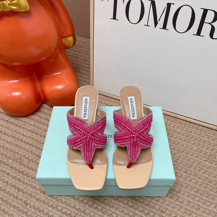 AQUAZZURA 26S STARFISH THONG HEELS IN PINK AND BEIGE LAMBSKIN