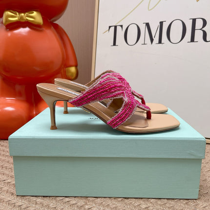 AQUAZZURA 26S STARFISH THONG HEELS IN PINK AND BEIGE LAMBSKIN