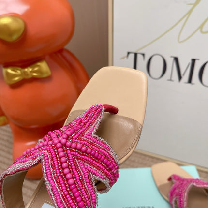 AQUAZZURA 26S STARFISH THONG HEELS IN PINK AND BEIGE LAMBSKIN