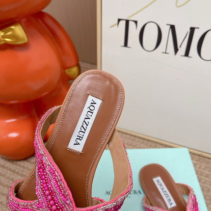 AQUAZZURA 26S STARFISH BEADED THONG SANDALS IN PINK AND BROWN LAMBSKIN