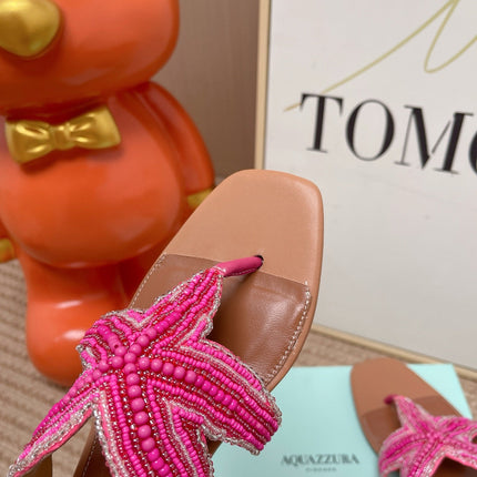AQUAZZURA 26S STARFISH BEADED THONG SANDALS IN PINK AND BROWN LAMBSKIN