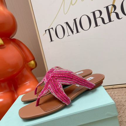 AQUAZZURA 26S STARFISH BEADED THONG SANDALS IN PINK AND BROWN LAMBSKIN
