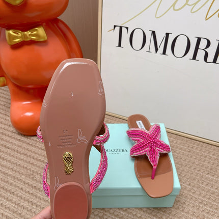 AQUAZZURA 26S STARFISH BEADED THONG SANDALS IN PINK AND BROWN LAMBSKIN