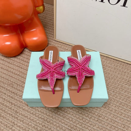 AQUAZZURA 26S STARFISH BEADED THONG SANDALS IN PINK AND BROWN LAMBSKIN