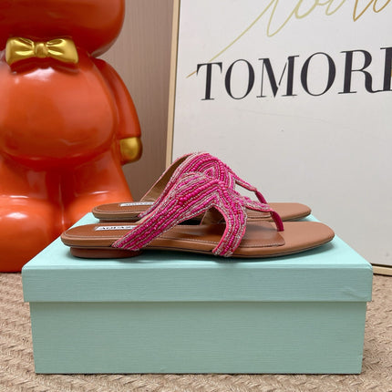 AQUAZZURA 26S STARFISH BEADED THONG SANDALS IN PINK AND BROWN LAMBSKIN