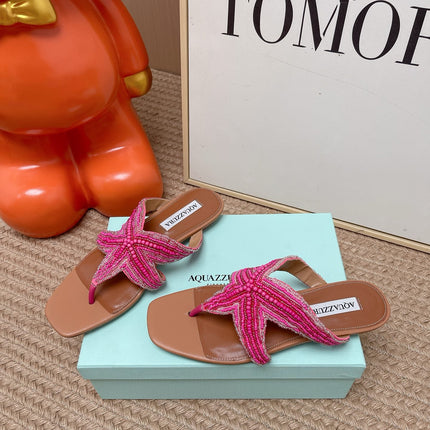 AQUAZZURA 26S STARFISH BEADED THONG SANDALS IN PINK AND BROWN LAMBSKIN
