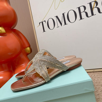 AQUAZZURA 26S STARFISH BEADED THONG SANDALS IN ROSE GOLD LAMBSKIN