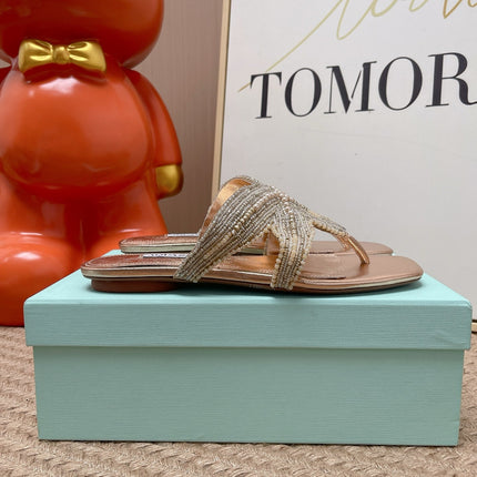 AQUAZZURA 26S STARFISH BEADED THONG SANDALS IN ROSE GOLD LAMBSKIN