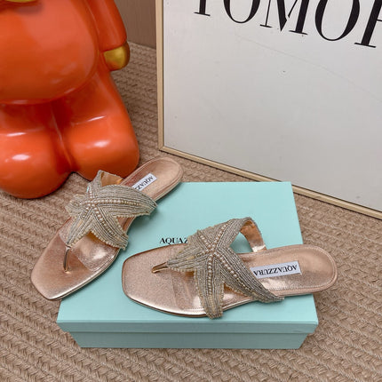 AQUAZZURA 26S STARFISH BEADED THONG SANDALS IN ROSE GOLD LAMBSKIN